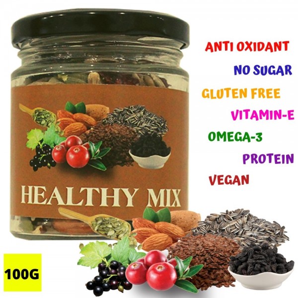 BOGATCHI Healthy Mix - VEGAN  | GLUTEN FREE | NO SUGAR | KETO Snacks with 3 Seeds, Black Raisins, Berries and Almonds, 100g
